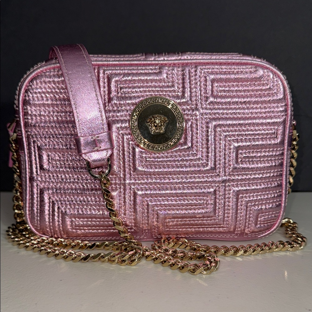 RARE Versace Metallic Pink Crossbody Bag Gold Chain CAMERA purse PERFECT SIZE!